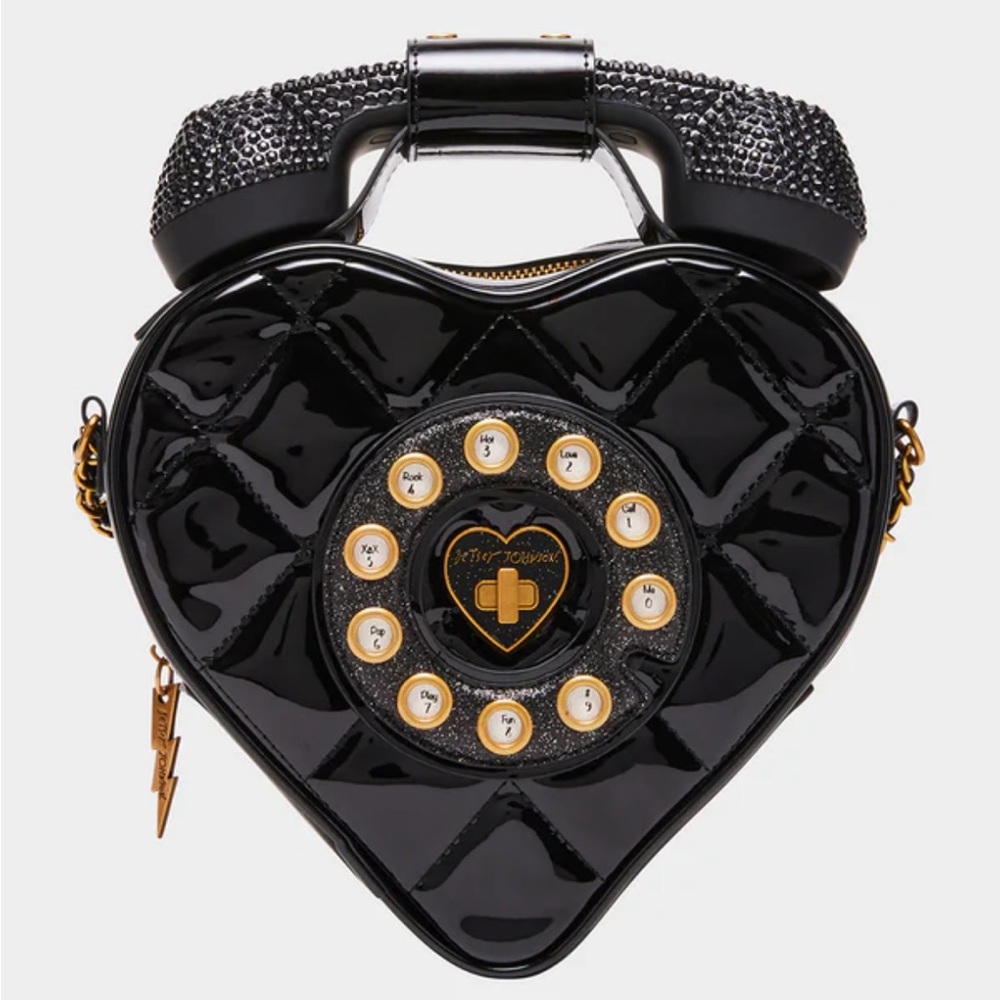 Betsey Johnson Kitsch Phone Tag Crossbody Black. Heart shapedl bag